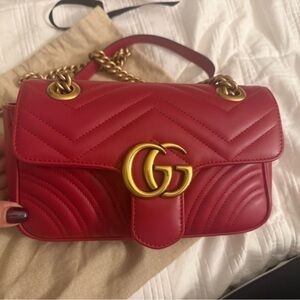 Gucci Crimson Leather Shoulder Bag with Gold Accents